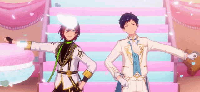two anime characters are standing next to each other in front of a pink and blue staircase .
