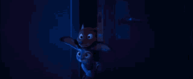 a couple of cartoon animals standing next to each other in a doorway .