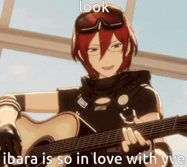 a cartoon character is holding a guitar and says look ibara is so in love with you
