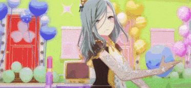 a girl with long hair is dancing in a room with balloons and a computer .