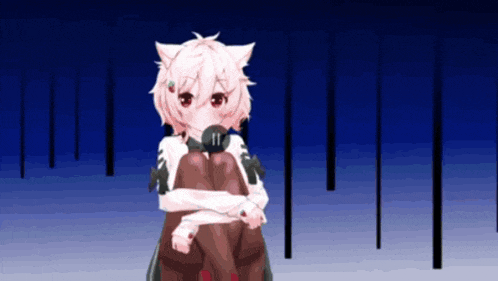 a girl with white hair and red eyes is sitting down