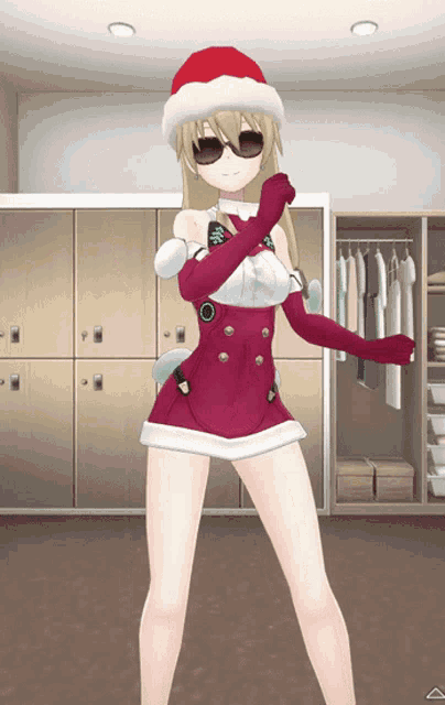 a girl wearing a santa hat and sunglasses stands in a room