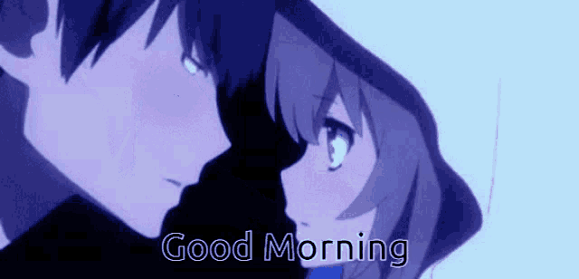 a boy and a girl are kissing with the words " good morning " written below them