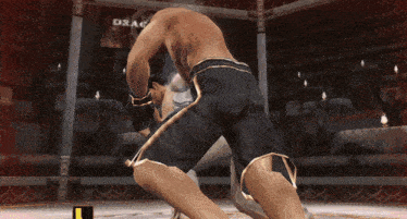a video game screen shows two men fighting in a ring with the word dragon on the screen