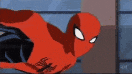 a cartoon of spider-man is flying through the air with a web coming out of his hand