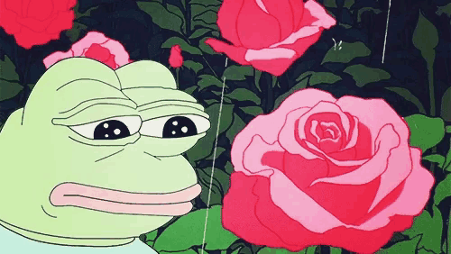 a green frog is surrounded by pink roses and green leaves