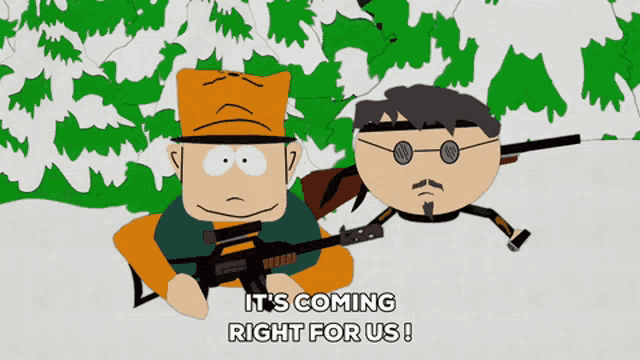 a cartoon character holding a gun with the words it 's coming right for us
