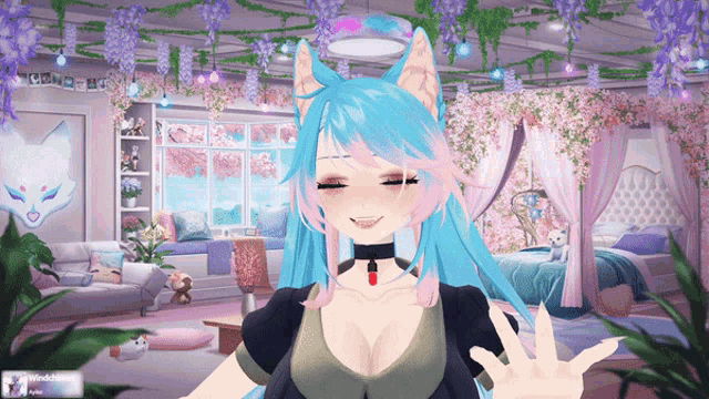 a girl with blue hair and pink ears is in a room with flowers and a sign that says windchilling