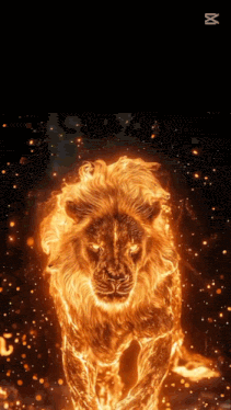 a lion is surrounded by flames and sparks
