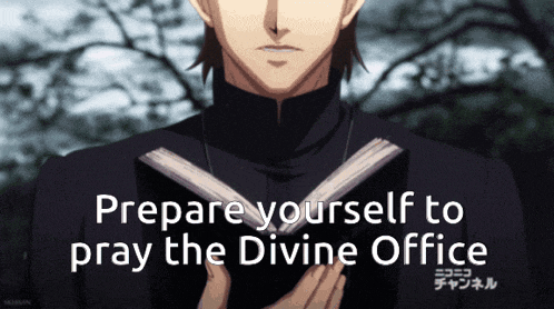 a man holding a book with the words " prepare yourself to pray the divine office "
