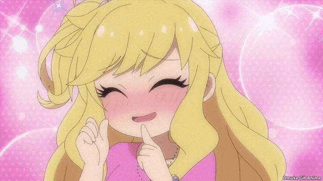 a girl with blonde hair is making a funny face and the words omake girl anime are on the bottom right