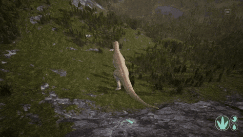 a screenshot of a video game shows a dinosaur walking through the grass