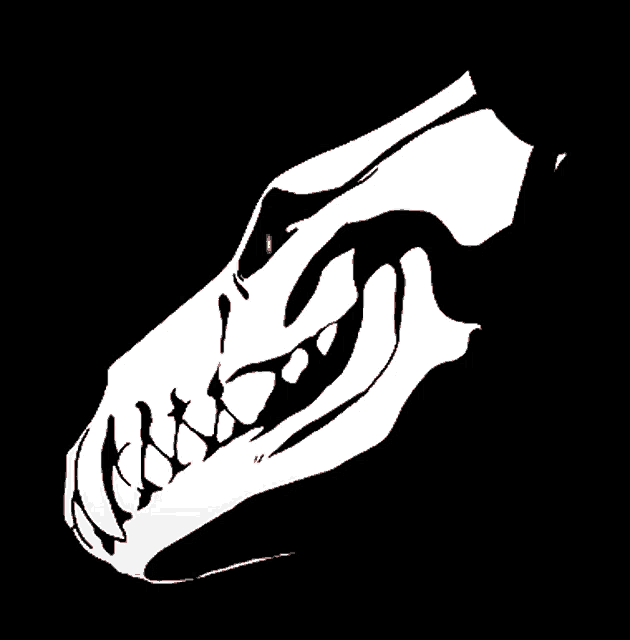 a black and white drawing of a skull with a red eye on a black background .