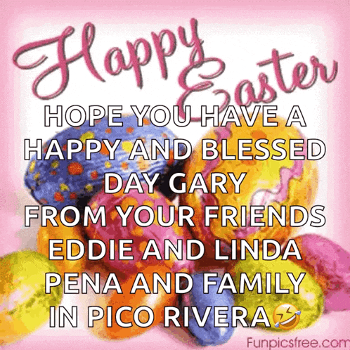 a happy easter card with a bunch of easter eggs and the words hope you have a happy and blessed day gary from your friends