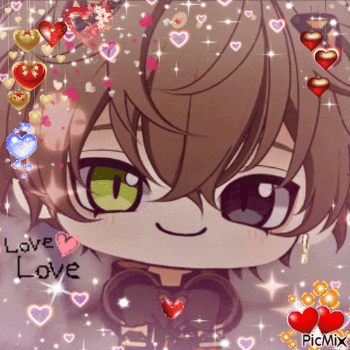 a picture of a boy with hearts and the words love love on the bottom