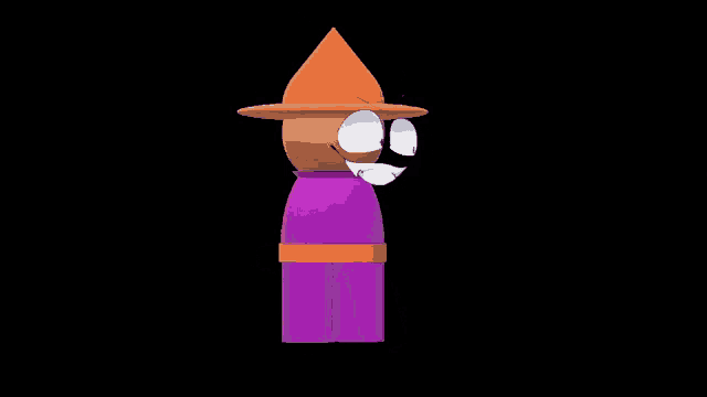 a 3d rendering of a cartoon character wearing a witch hat and a purple dress .
