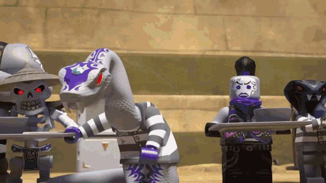 a group of lego figures including a snake and a skeleton are standing next to each other