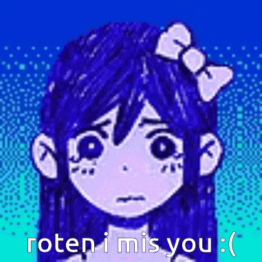 a pixel art of a girl with blue hair and a bow in her hair says roten i miss you .