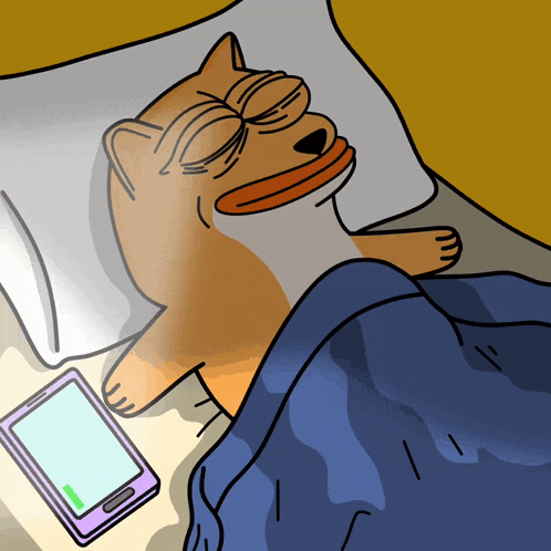 a cartoon of a dog sleeping next to a cellphone