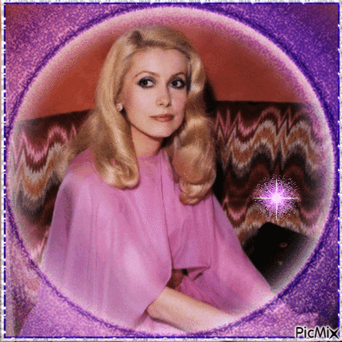 a picture of a blonde woman in a pink dress with a purple border