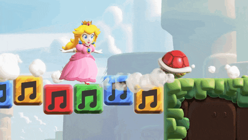 princess peach in a pink dress is standing on a bridge made of music notes