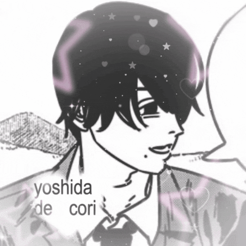 a black and white drawing of a man with the name yoshida de cori on the bottom