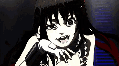 a black and white anime girl with a surprised look on her face is making a funny face .
