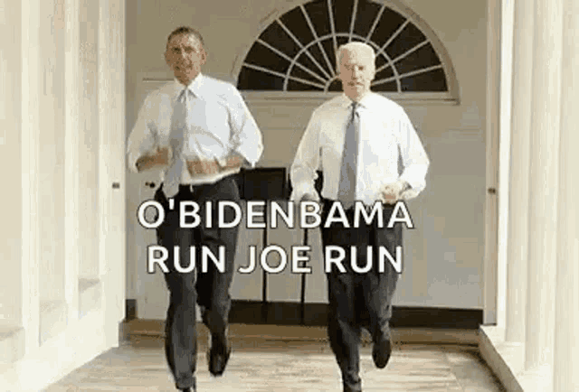 obama and joe biden are running in a hallway .