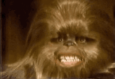a close up of chewbacca 's face with a smile