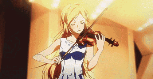 a blonde anime girl is playing a violin with her eyes closed .