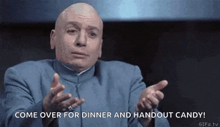 a bald man in a blue suit is pointing at something and says `` come over for dinner and handout candy '' .