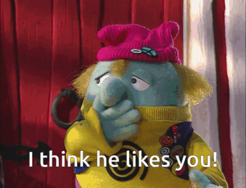 a cartoon character with a pink hat and a yellow sweater says i think he likes you