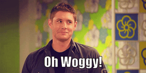 a man says oh woggy in front of a flower patterned wall