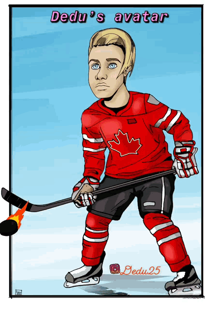 a cartoon of a hockey player with the name dedu on the bottom