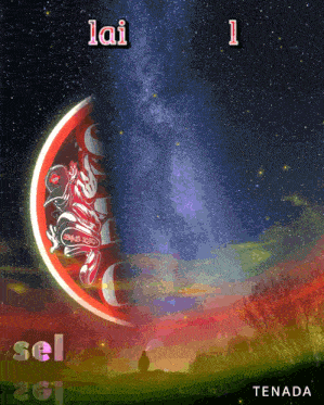 a painting of a crescent moon with the words " lai 1 sel tenada " below it