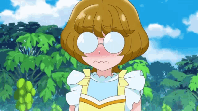 a cartoon girl wearing glasses and an apron