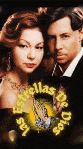 a man and a woman are standing next to each other with the words " estrellas de dios " around them