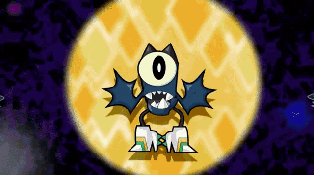a cartoon monster with a big eye and sharp teeth on a yellow background