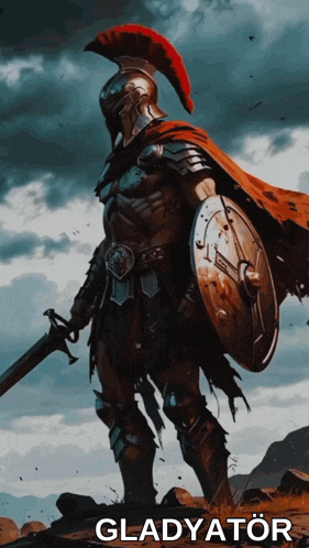 a gladiator holding a sword and shield with the word gladyator underneath him