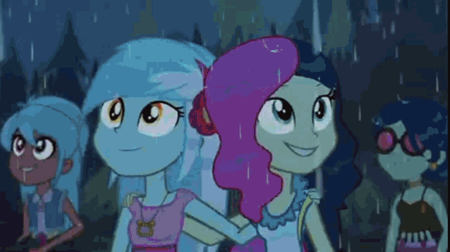 a group of cartoon girls standing in the rain .