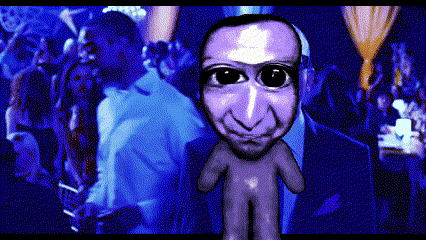 a cartoon drawing of a man in a suit and tie standing in front of a crowd