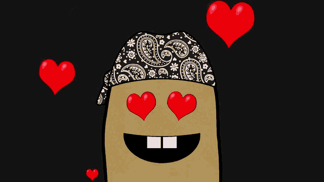a cartoon character wearing a bandana with red hearts in front of his eyes
