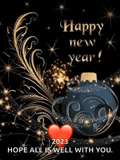 a happy new year greeting card with a feather , a christmas ball , and a heart .