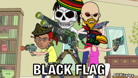 a cartoon of a group of pirates with the words black flag written on the bottom