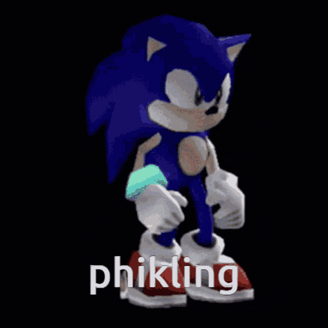 a cartoon of sonic the hedgehog standing on a black background with the word phikting written below him .