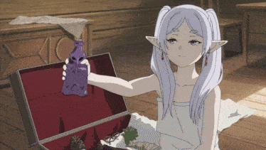 a girl with white hair is holding a purple bottle in her hand