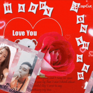 a happy love you card with a teddy bear and a red rose