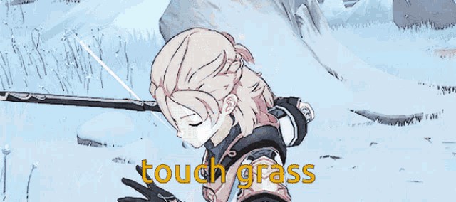 a picture of a girl with the words touch grass written below her