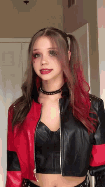 a girl in a harley quinn costume with pigtails
