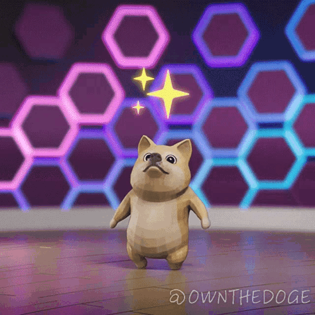 a cartoon dog is standing in front of a honeycomb pattern and says downthedoge